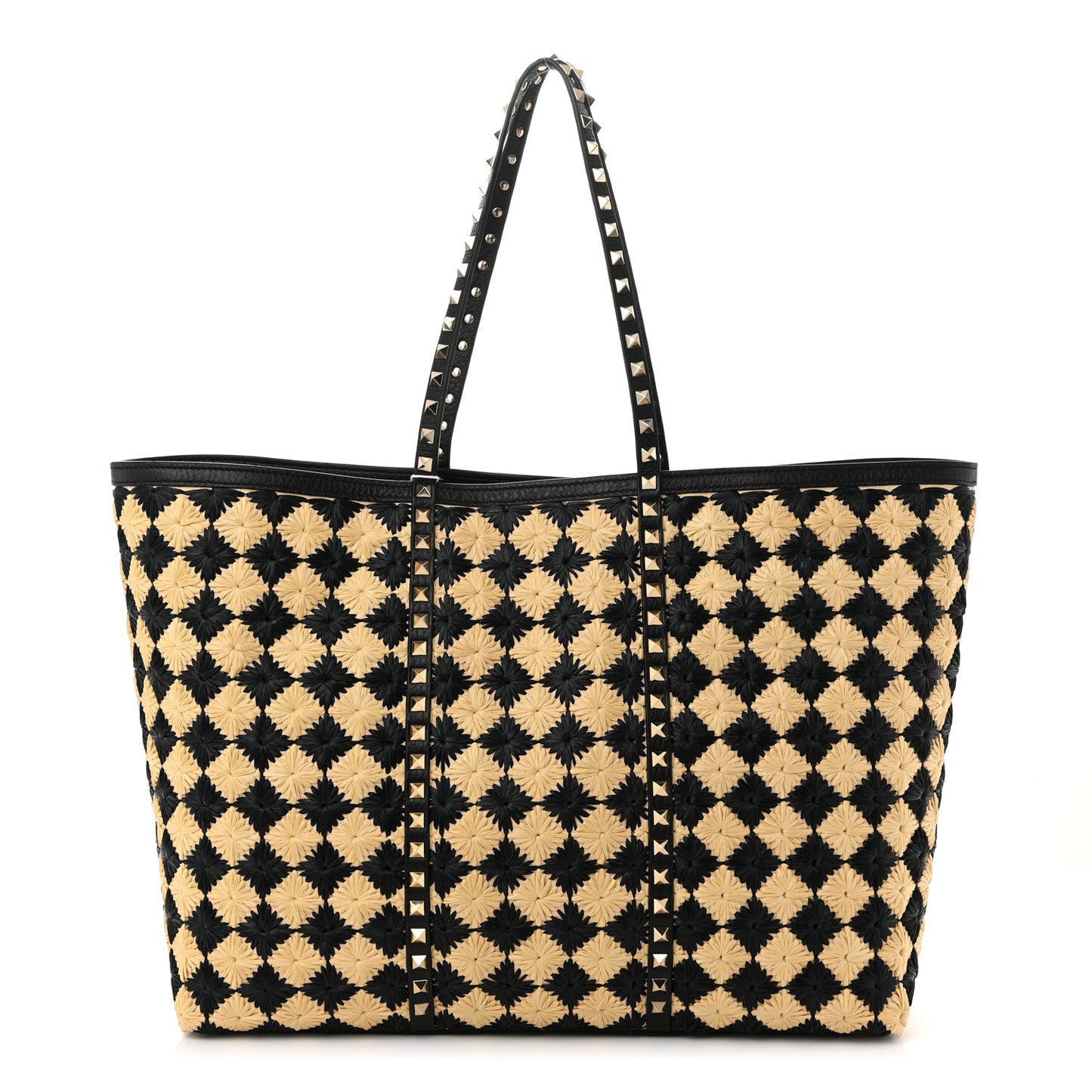 Raffia Embroidered Checkered Calfskin Rockstud Shopping Tote Natural Black