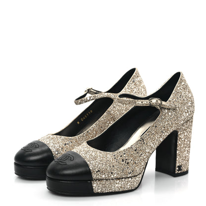Chanel Glitter Lambskin Cap Toe CC Mary Jane Pumps 39.5 Light Gold Black 3 of 9