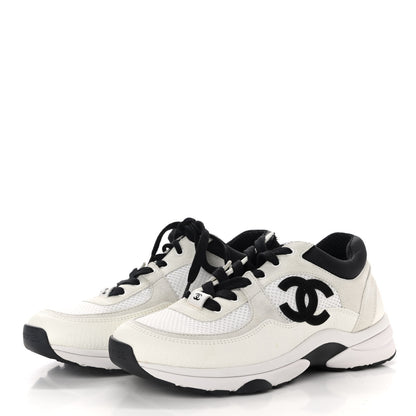 Chanel Mesh Suede Calfskin Grained Calfskin Womens CC Sneakers 37.5 White Black 3 of 7