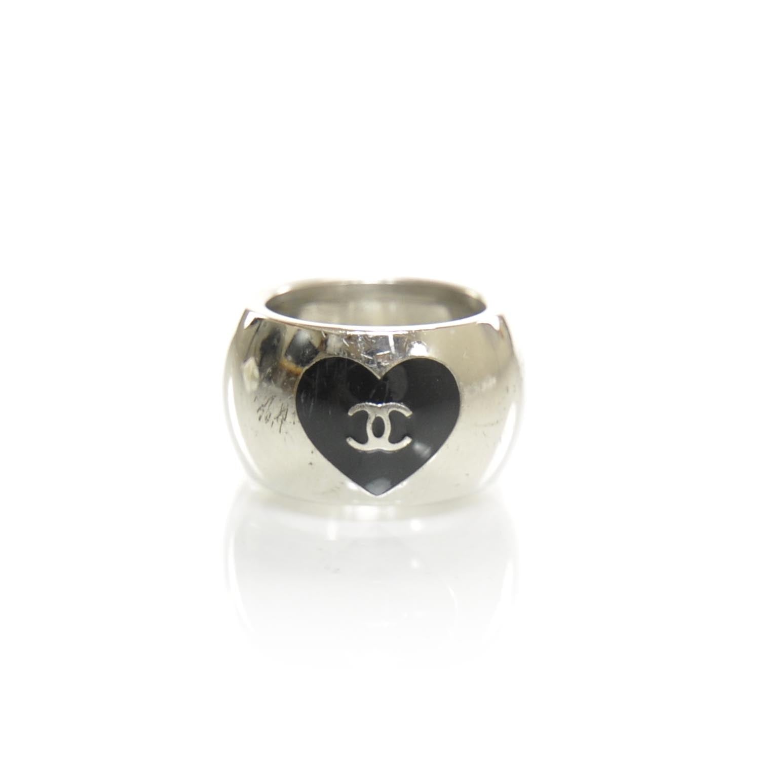 Chanel CC Heart Ring Silver and Black 7.25 1 of 3