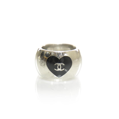 Chanel CC Heart Ring Silver and Black 7.25 1 of 3