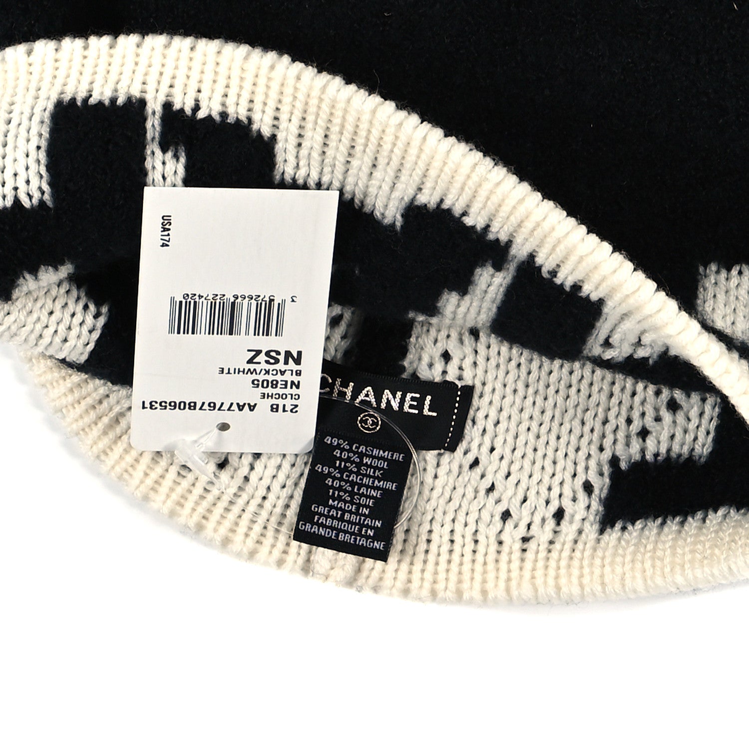 Chanel Cashmere Wool Silk Blend Logo Beanie Hat Black White 3 of 3