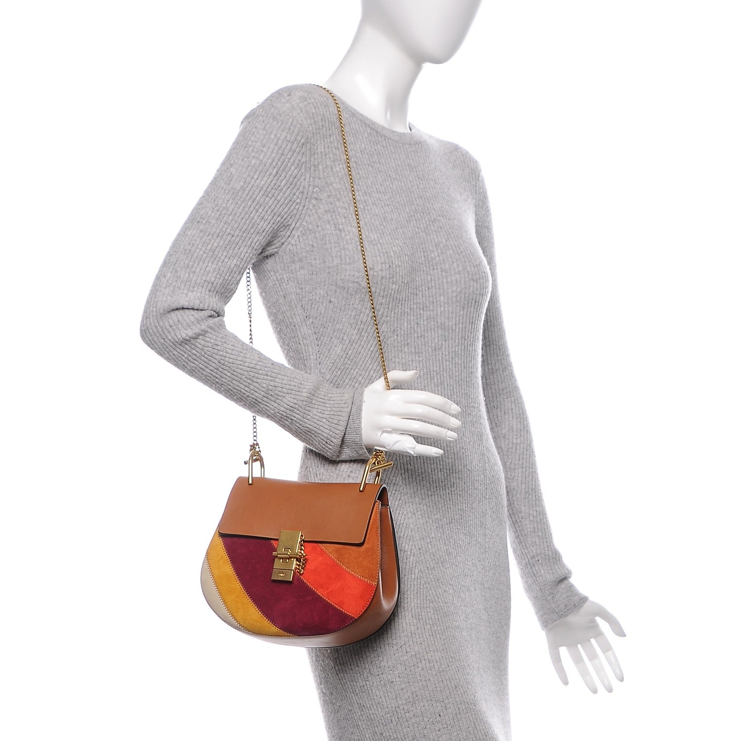 Chloe Calfskin Suede Rainbow Patchwork Drew Shoulder Bag Caramel 2 of 6