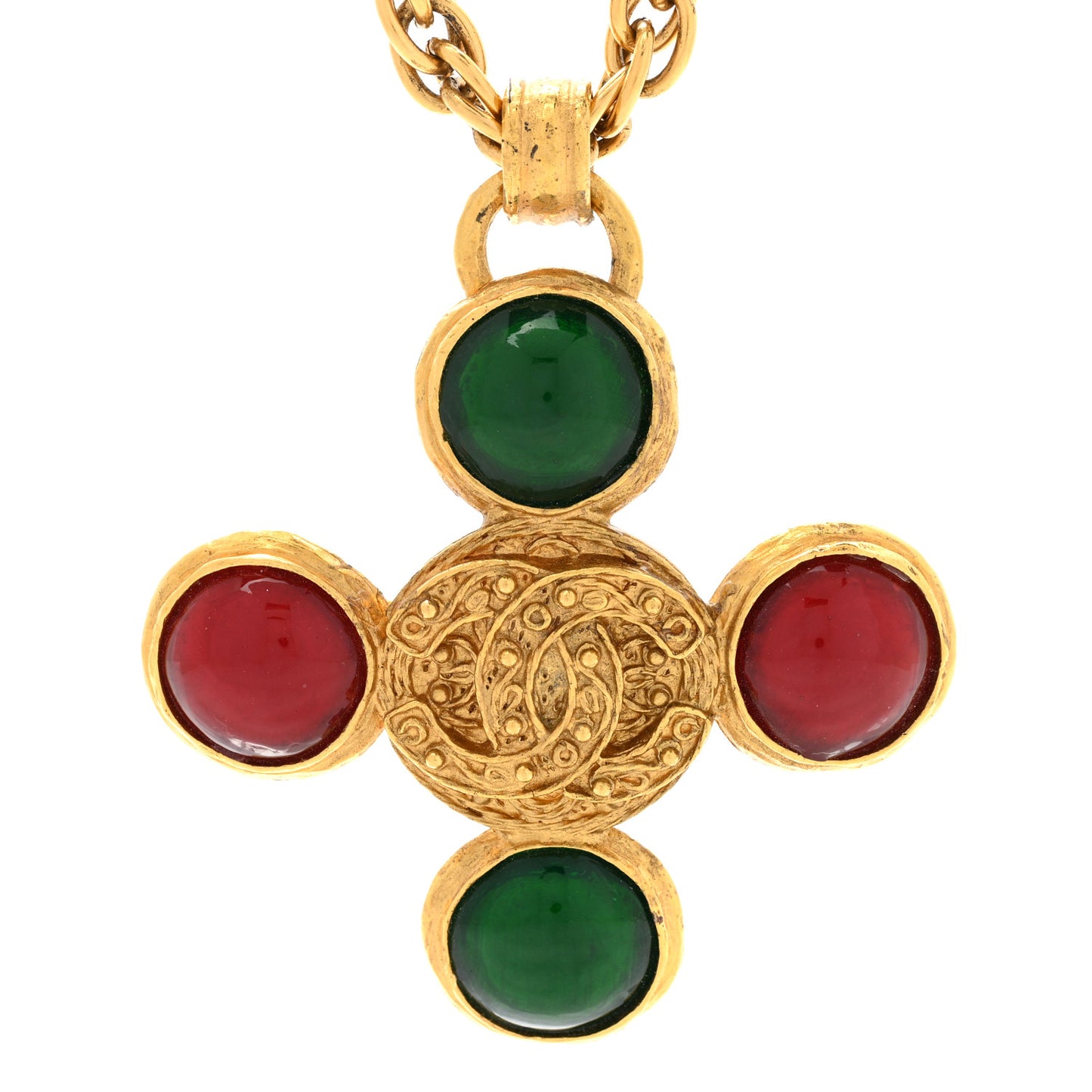 Crystal Gripoix Poured Glass Brooch Pendant Necklace Gold Green Red