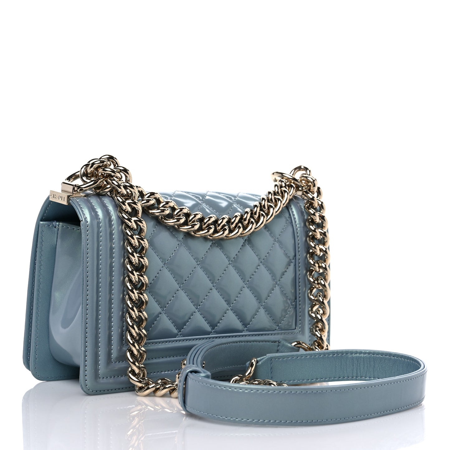 Iridescent Patent Quilted Small Boy Flap Light Blue