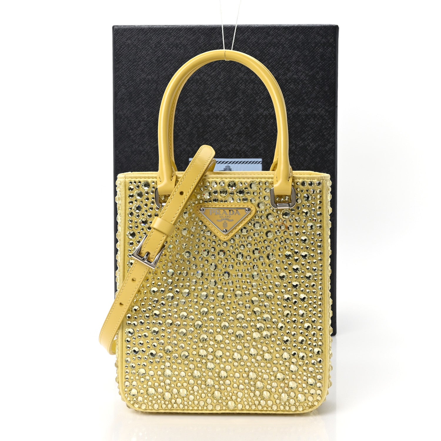 Prada Satin Crystal Metal Triangle Logo Small Double Handle Crossbody Tote Ananas 10 of 10