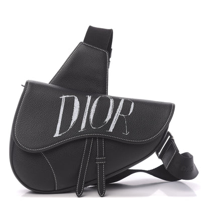 Christian Dior Grained Calfskin Logo Saddle Messenger Bag Black 1 of 9