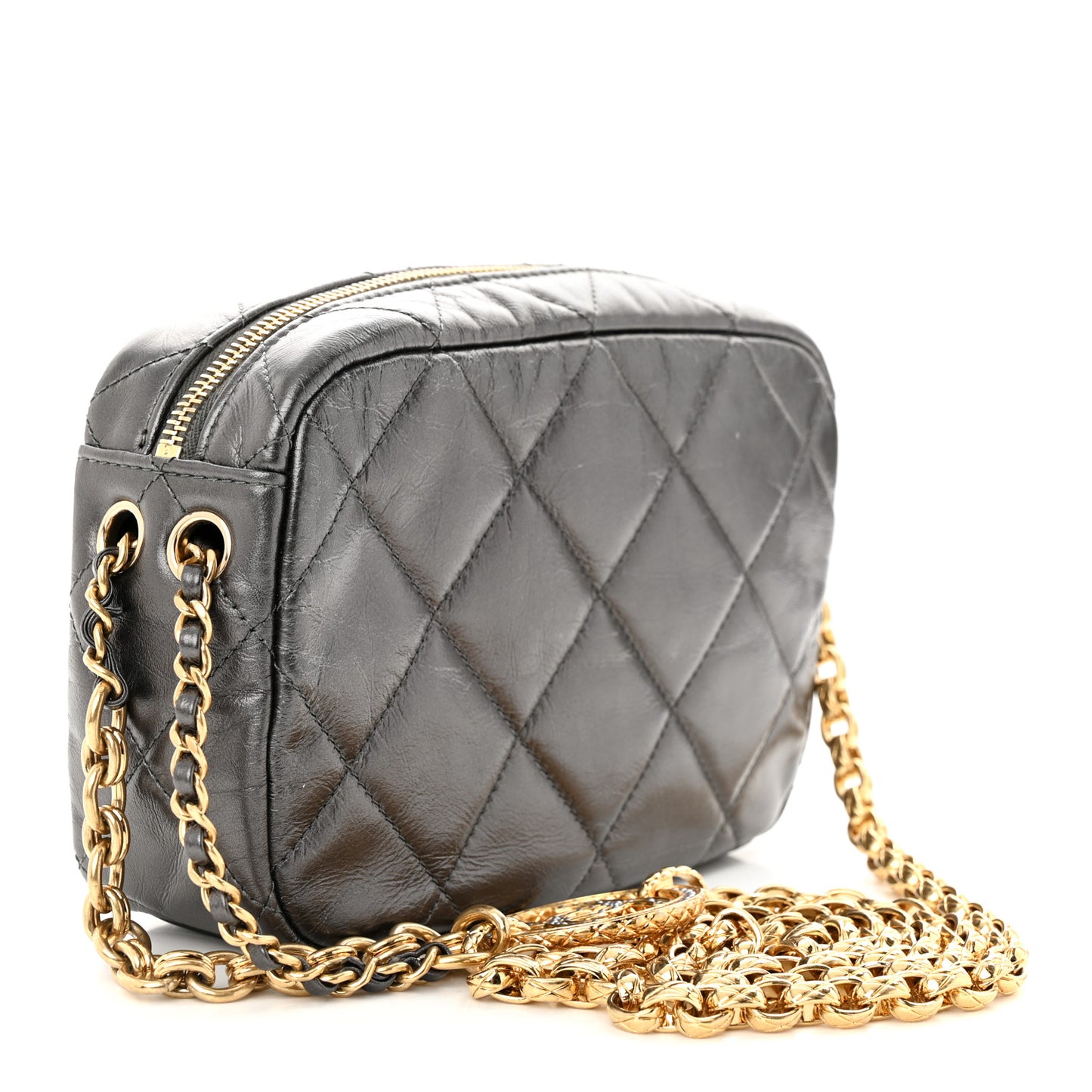 Metallic Calfskin Pearl Quilted CC Mini Camera Case Ruthenium