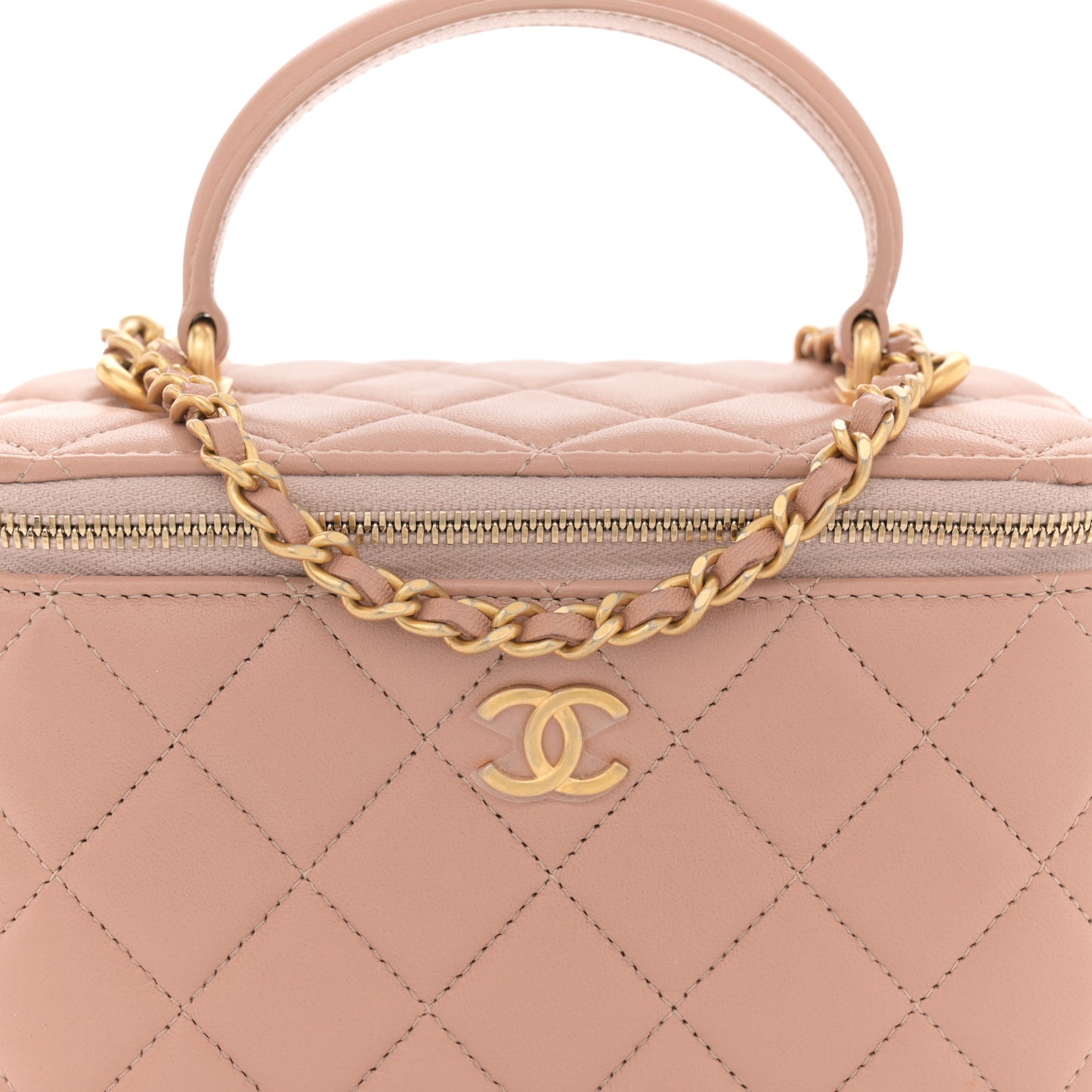 Lambskin Quilted Small Top Handle Vanity Case With Chain Beige