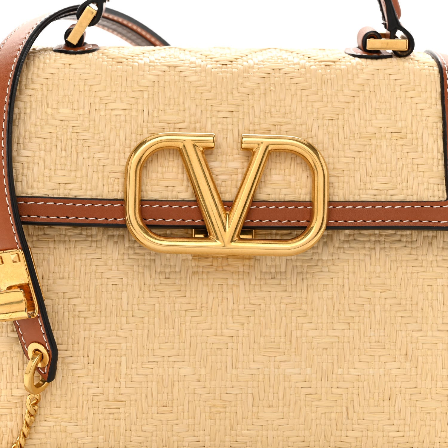 Valentino Garavani Raffia Calfskin Chevron Small VSling Top Handle Satchel Naturale Saddle Brown 7 of 9