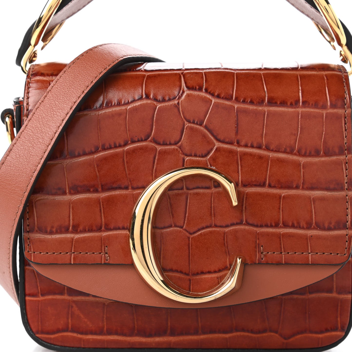 Calfskin Crocodile Embossed Mini C Double Carry Chestnut Brown