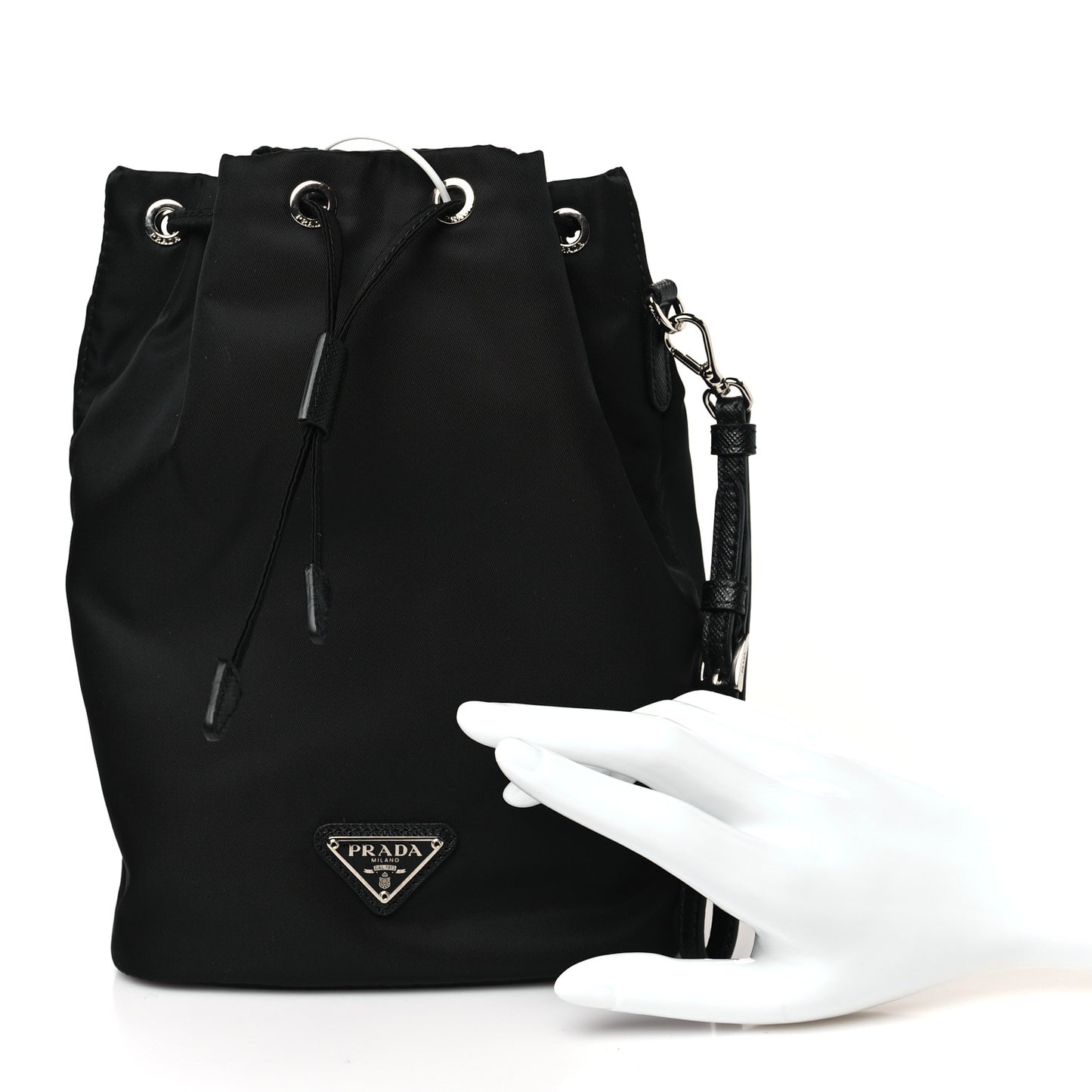 Saffiano Tessuto Nylon Vela Bucket Wristlet Black