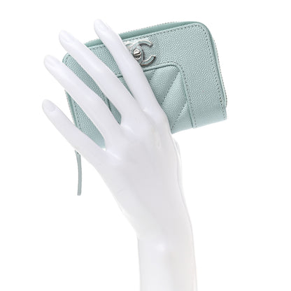 Chanel Metallic Caviar Chevron Quilted Vintage Mademoiselle Zip Coin Purse Light Blue 2 of 7