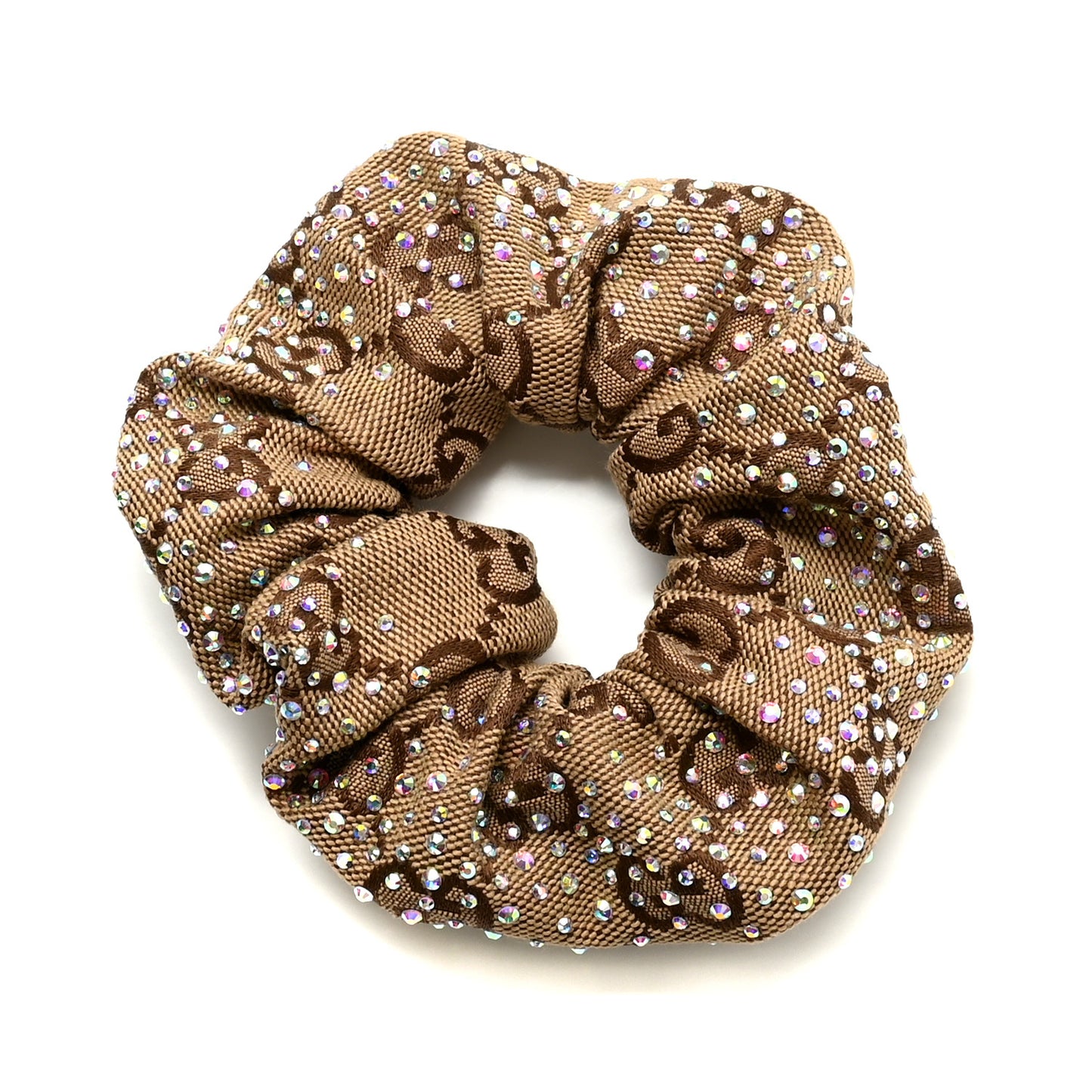 GG Canvas Crystal Monogram Scrunchie Hair Tie Brown