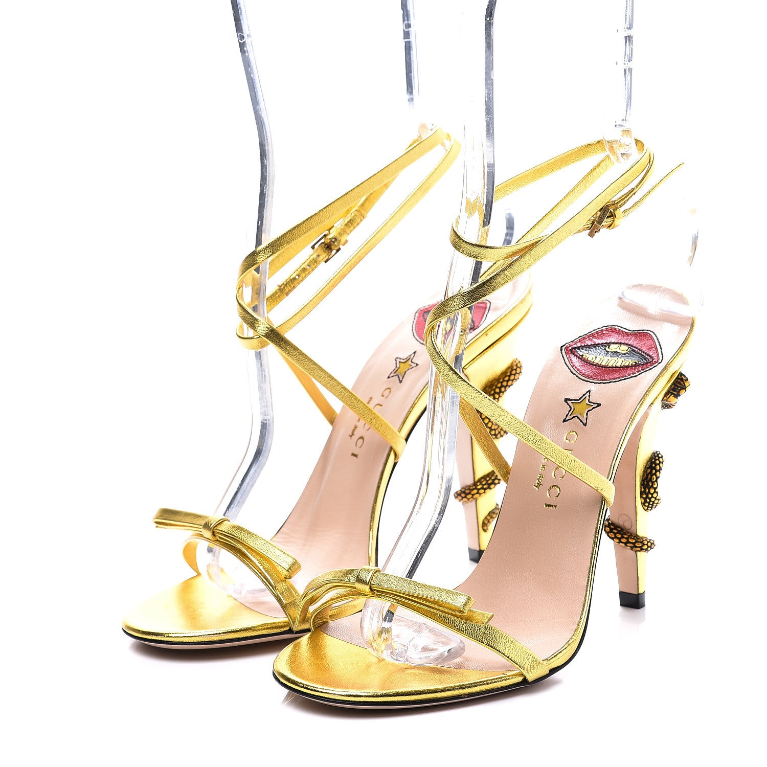 Gucci Metallic Nappa Snake Criss Cross High Heel Sandals 37 Gold 2 of 10
