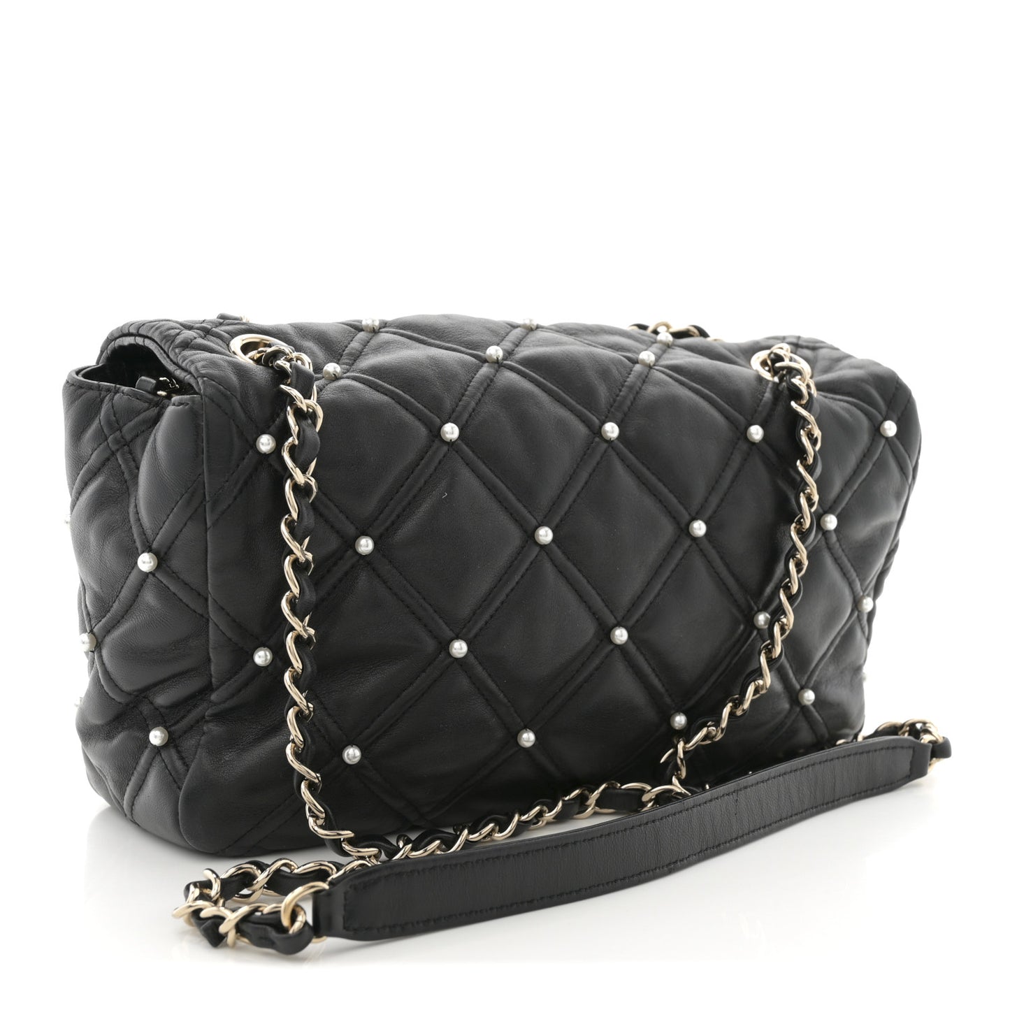 Lambskin Quilted Pearl Studded Flap Black