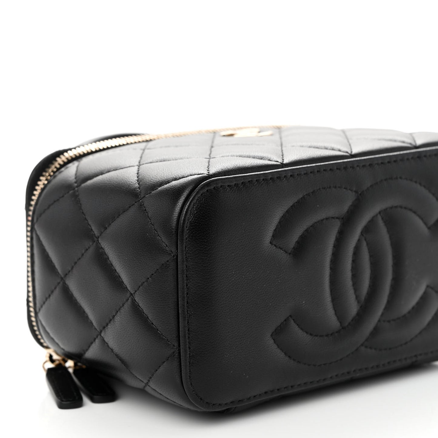 Lambskin Quilted Small Top Handle Vanity Case With Chain Black