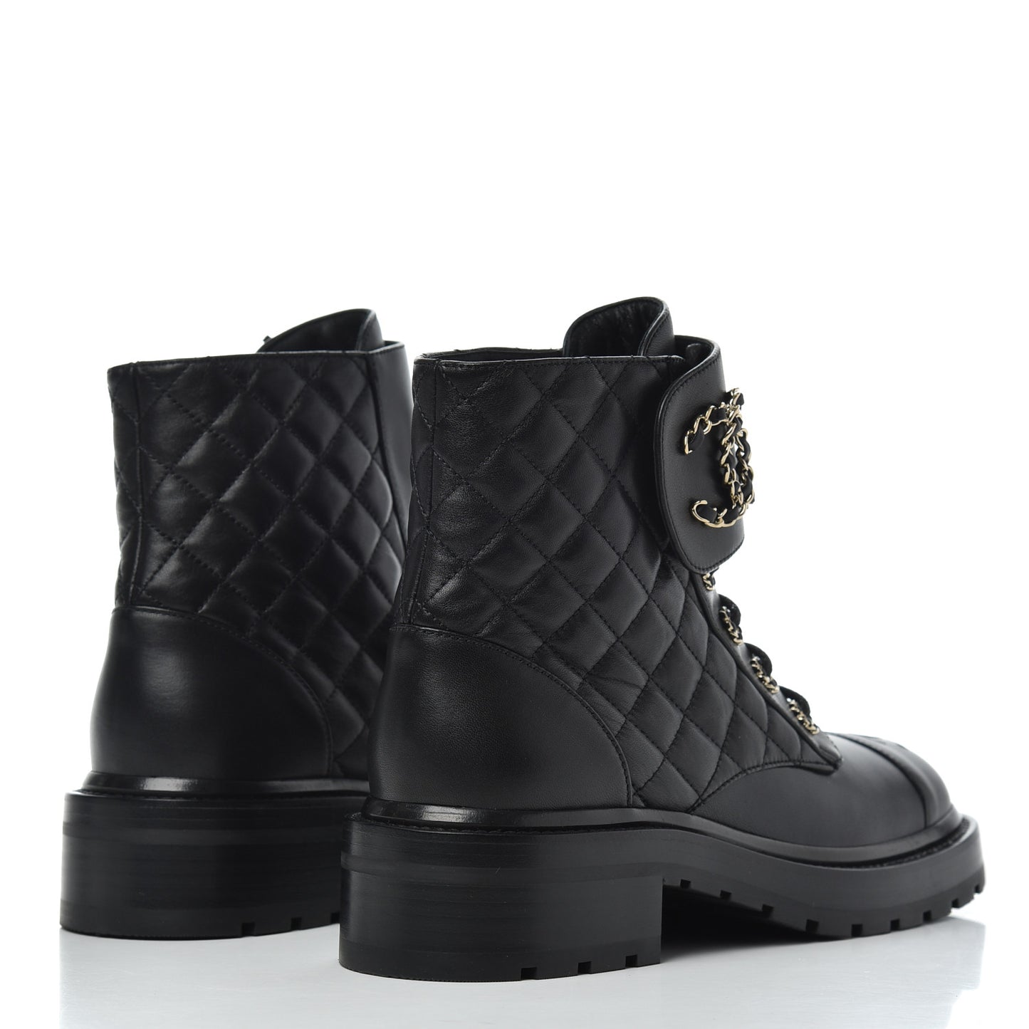 Shiny Lambskin Quilted Lace Up Combat Boots 38.5 Black