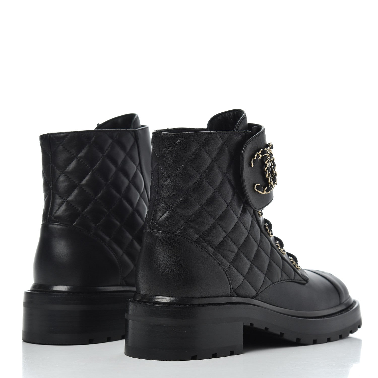 Chanel Shiny Lambskin Quilted Lace Up Combat Boots 38.5 Black 4 of 9
