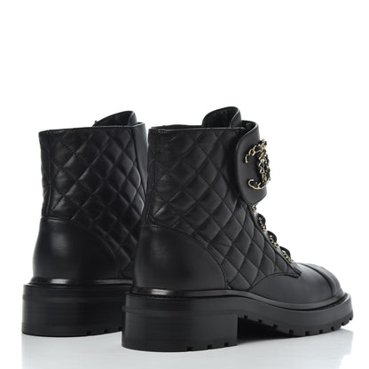 Chanel Shiny Lambskin Quilted Lace Up Combat Boots 38.5 Black 4 of 9