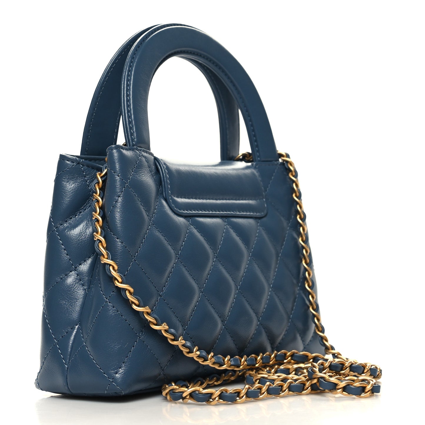 Shiny Aged Calfskin Quilted Nano Kelly Shopper Dark Blue