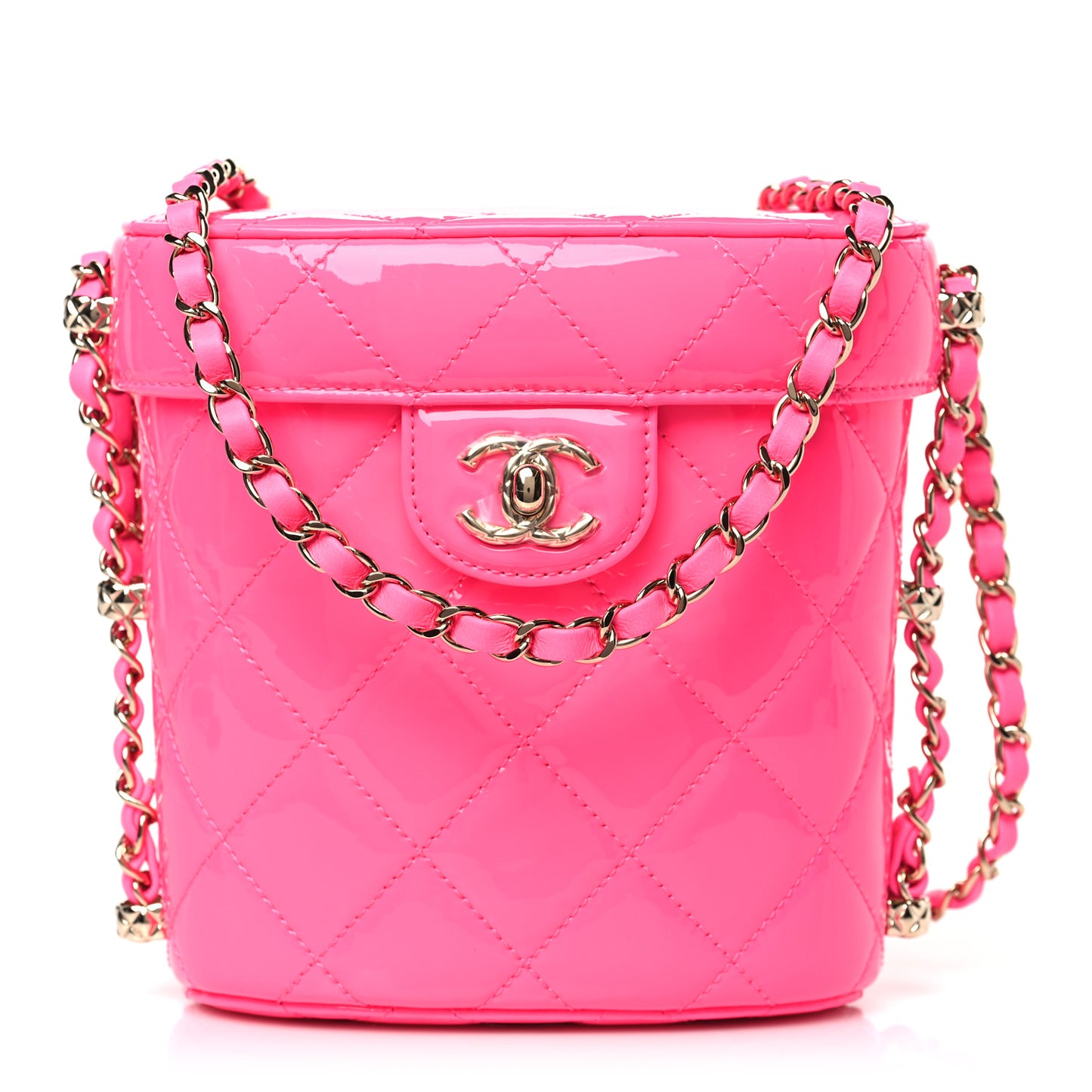 Patent Quilted CC Vani-Tea Case With Chain Neon Pink