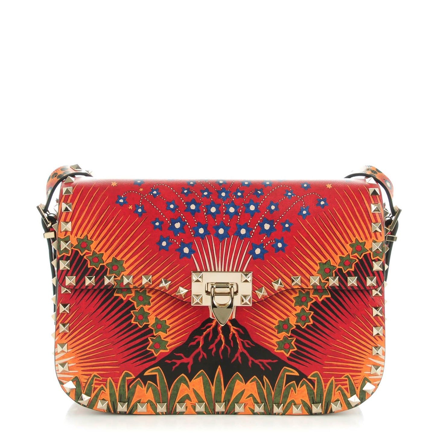 Vitello Enchanted Wonderland Medium Rockstud Flap Saddle Bag Rosso Valentino