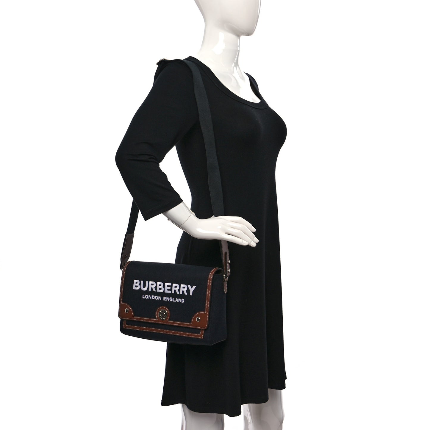 Canvas Horseferry Print Note Crossbody Bag Black Tan