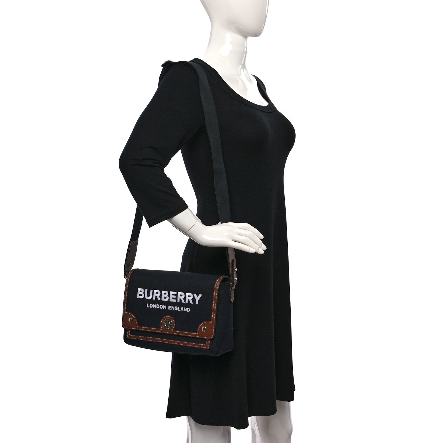 Burberry Canvas Horseferry Print Note Crossbody Bag Black Tan 2 of 8