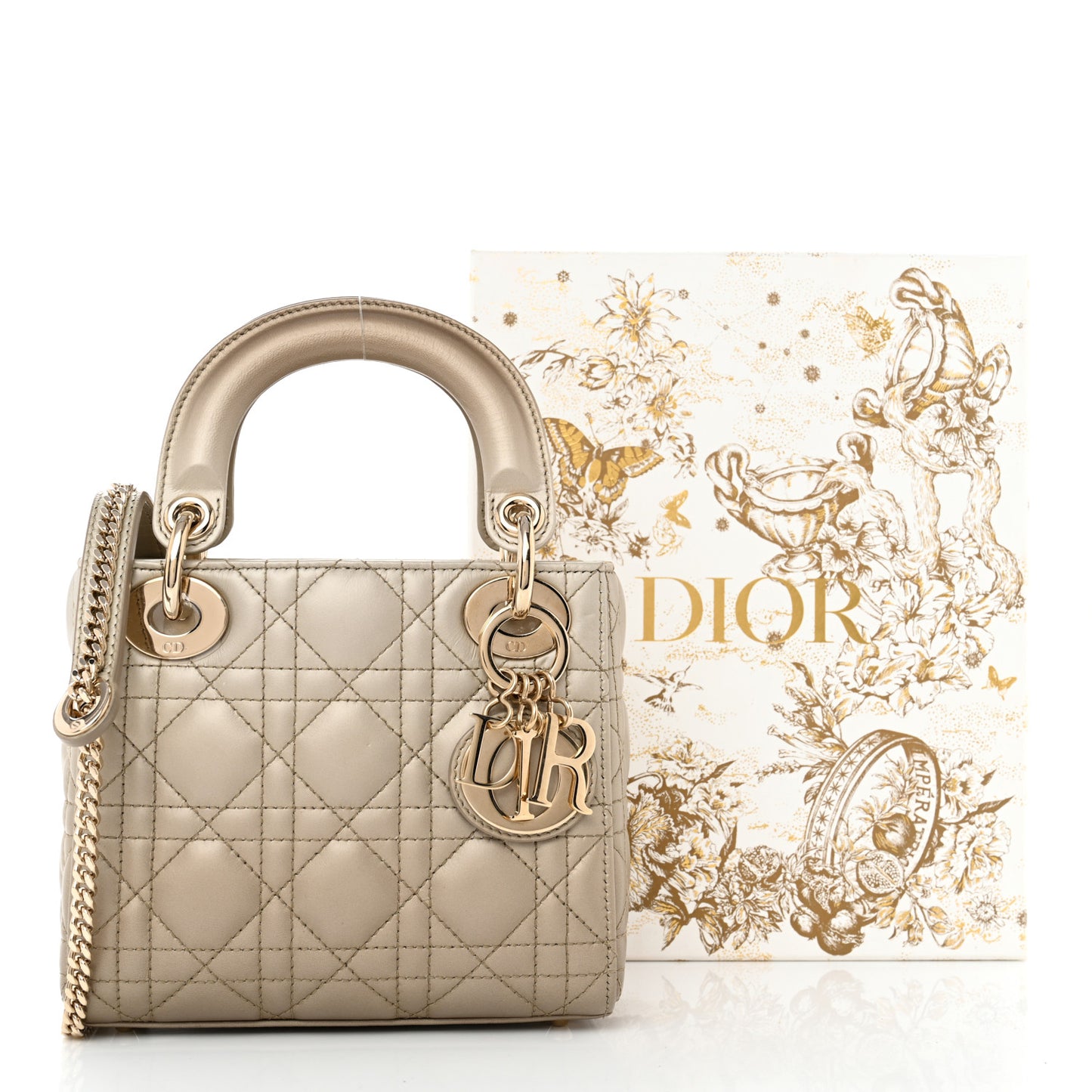 Metallic Lambskin Cannage Mini Lady Dior Gold