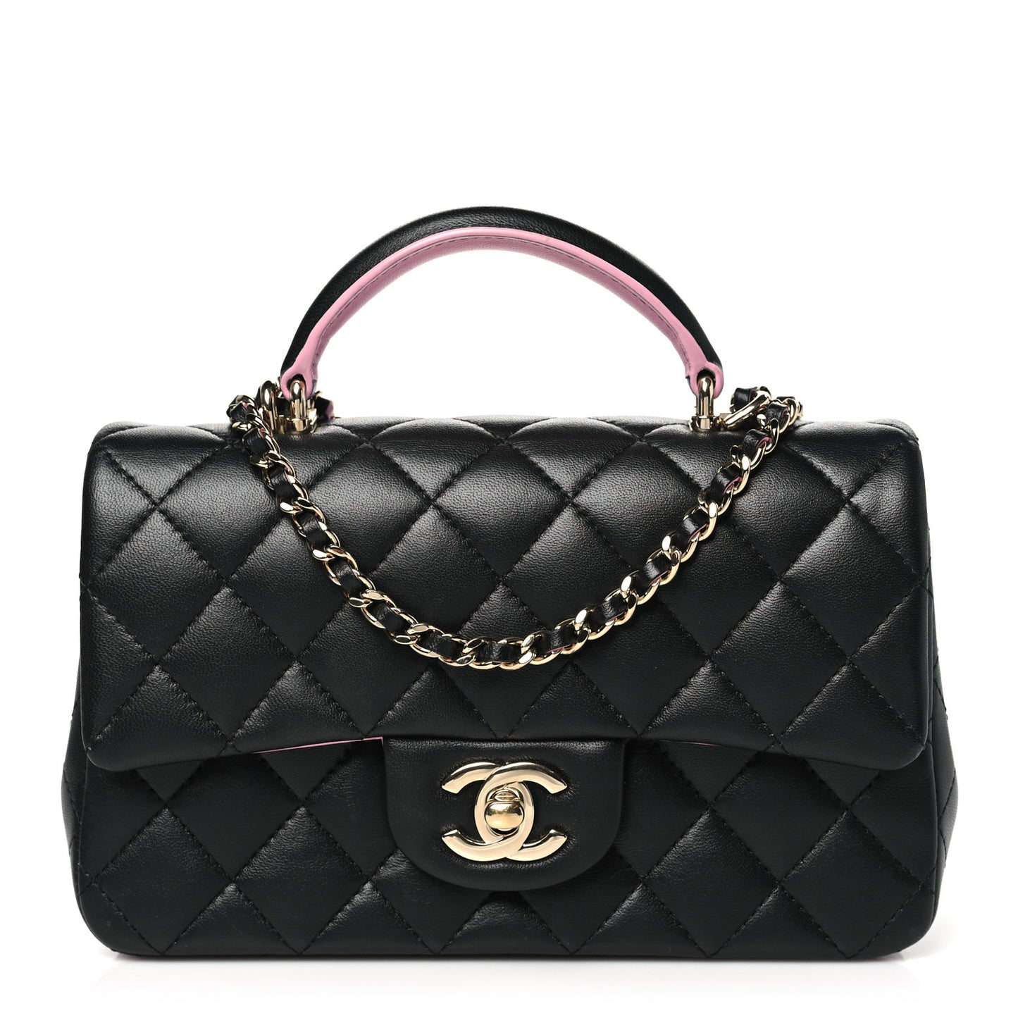 Lambskin Quilted Bi-Color Mini Top Handle Rectangular Flap Black Lilac