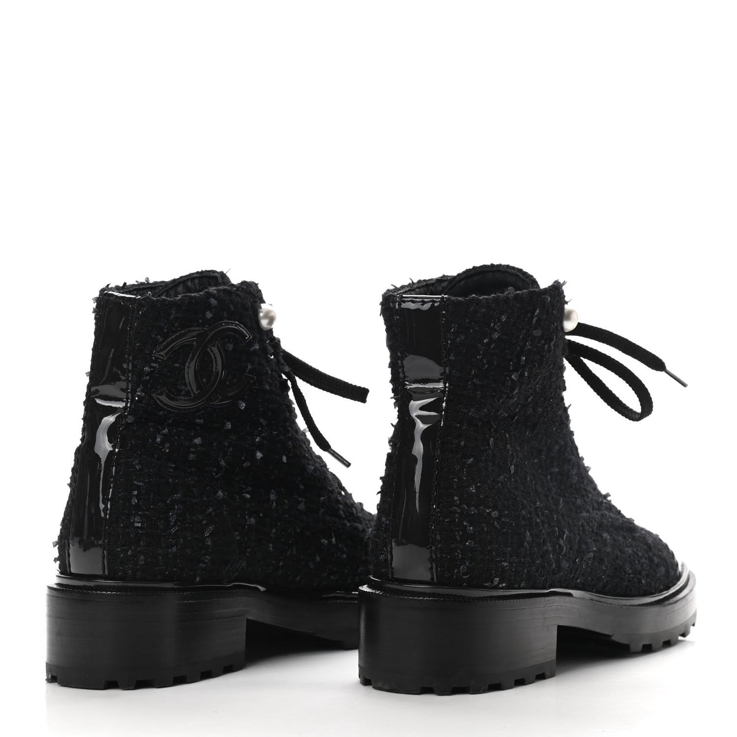 Tweed Patent Calfskin Pearl Combat Short Boots 36.5 Black Grey