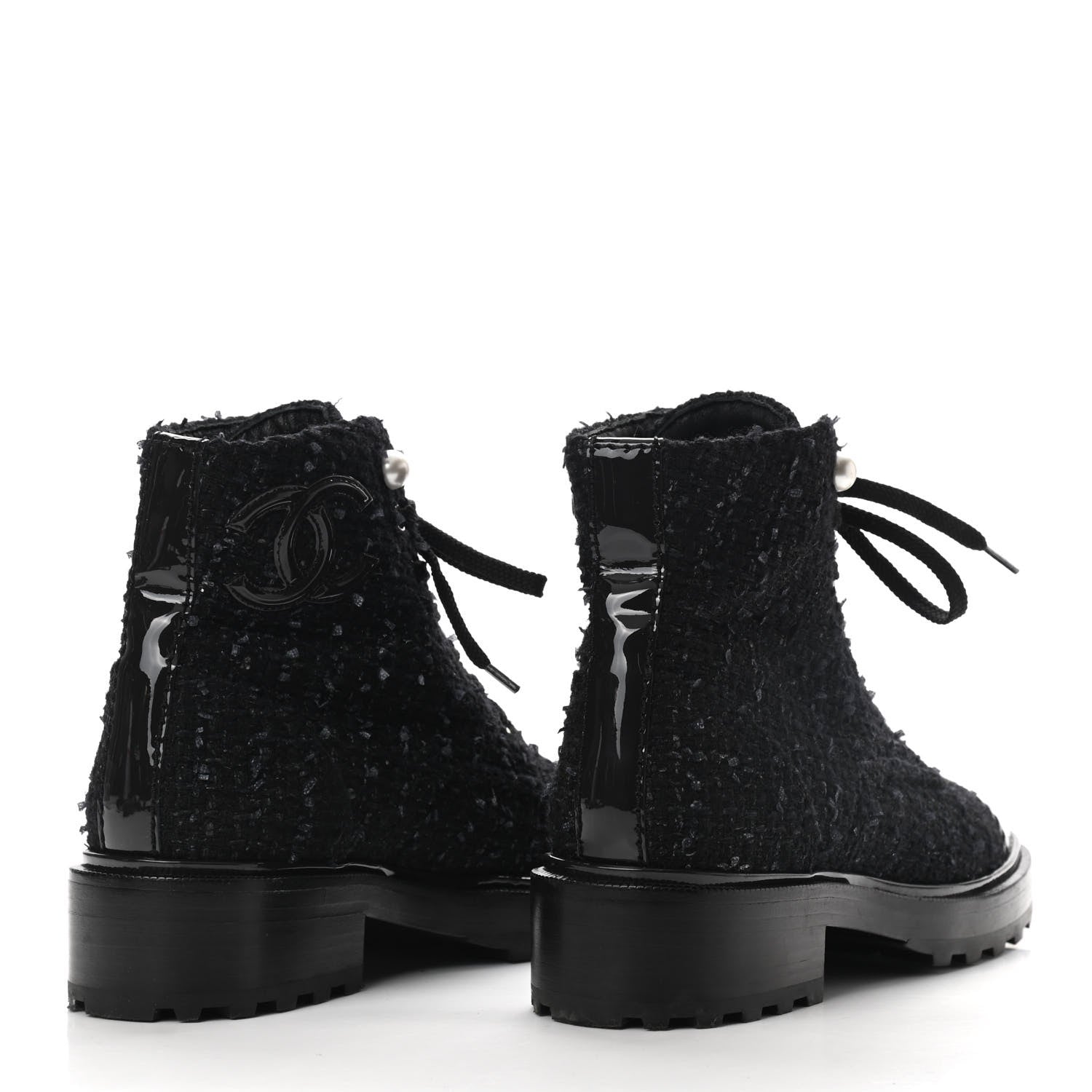 Chanel Tweed Patent Calfskin Pearl Combat Short Boots 36.5 Black Grey 4 of 8