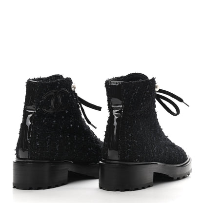 Chanel Tweed Patent Calfskin Pearl Combat Short Boots 36.5 Black Grey 4 of 8