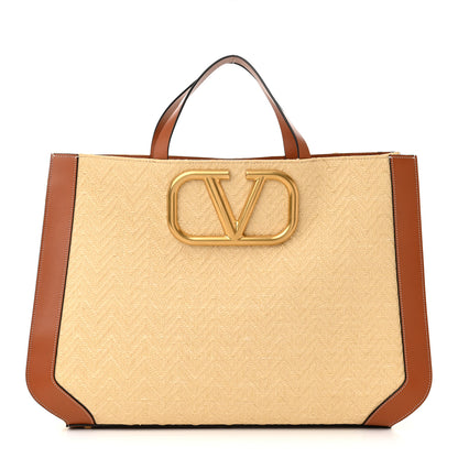 Valentino Garavani Raffia Calfskin Large Vlogo Shoulder Tote Naturale Saddle Brown 1 of 10