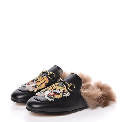 Gucci Calfskin Lambswool Tiger Embroidered Womens Princetown Slippers 35 Black 3 of 8
