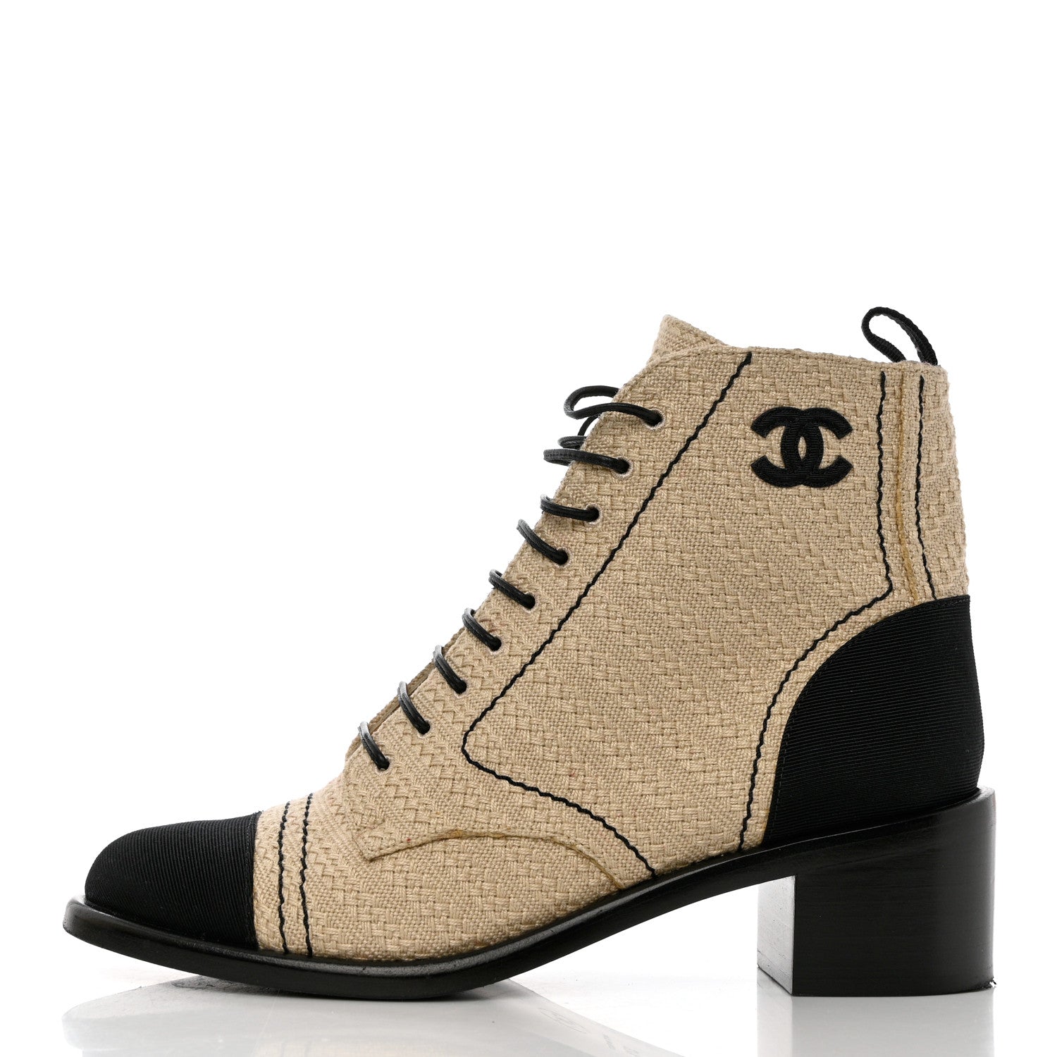 Chanel Woven Raffia Grosgrain Cap Toe Womens CC Lace Up Combat Short Boots 37.5 Beige Black 1 of 8