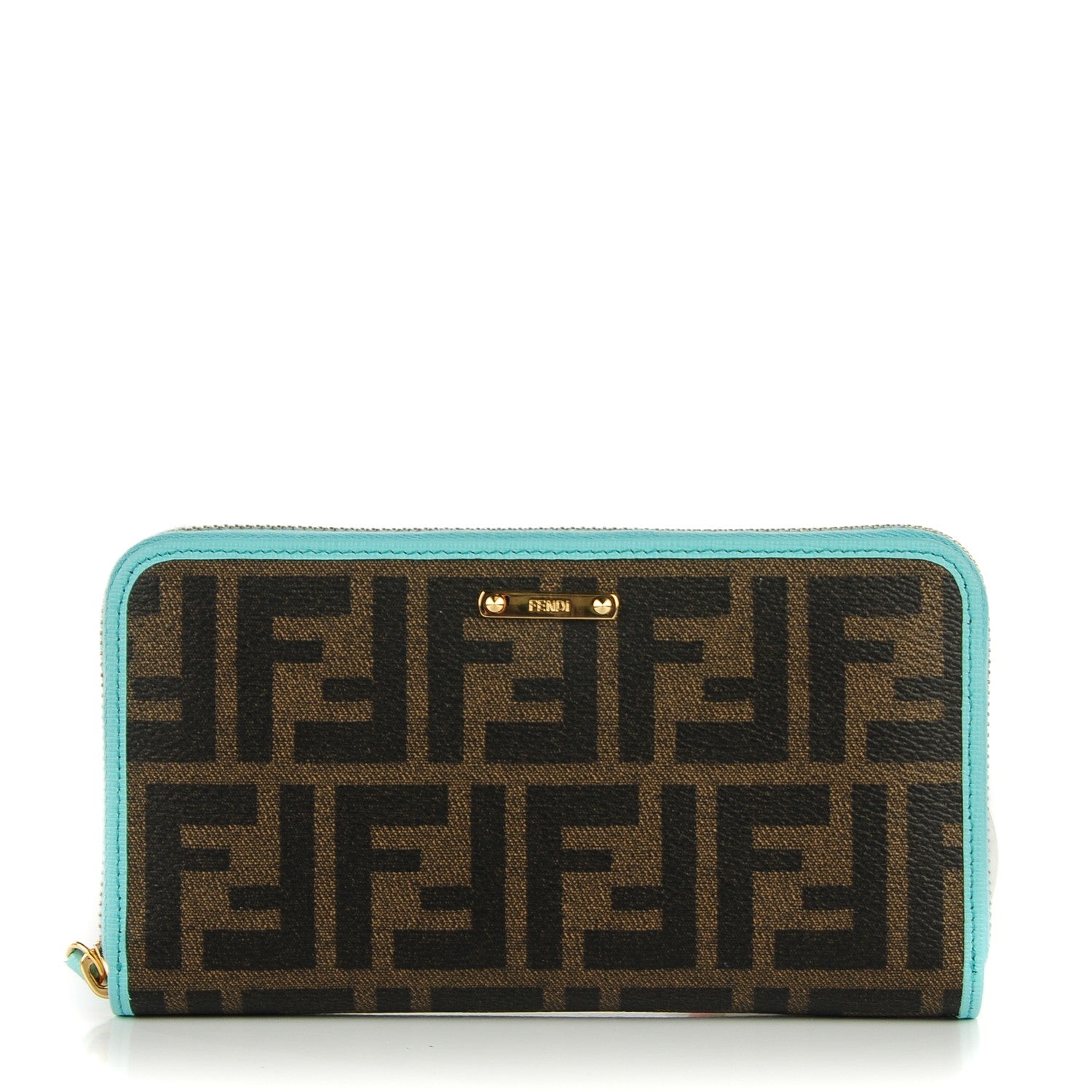 Fendi Zucca Spalmati Vitello Elite Zip Around Wallet Tobacco Turchese 1 of 7