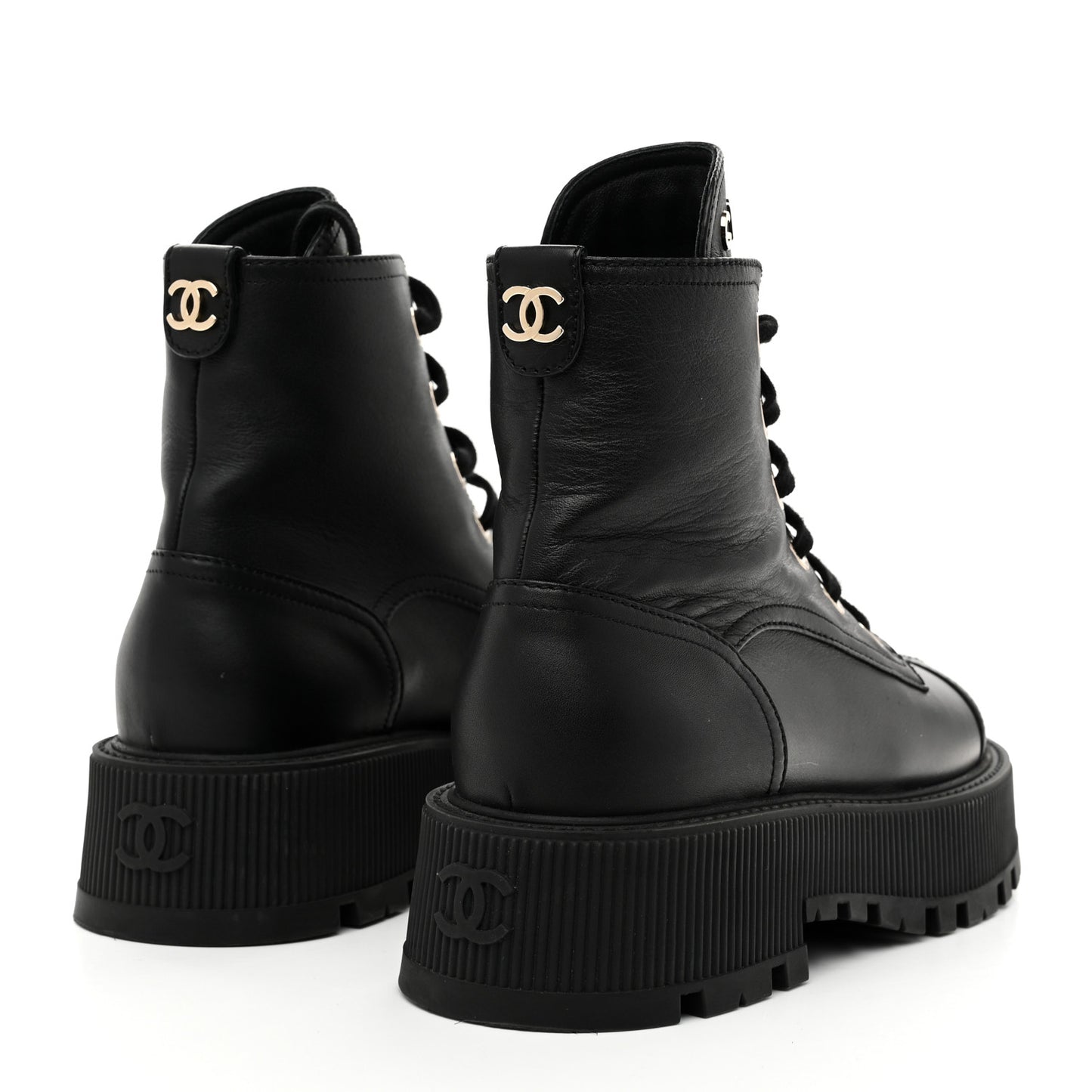 Grained Calfskin Shiny Calfskin CC Lace Up Combat Boots 37.5 Black