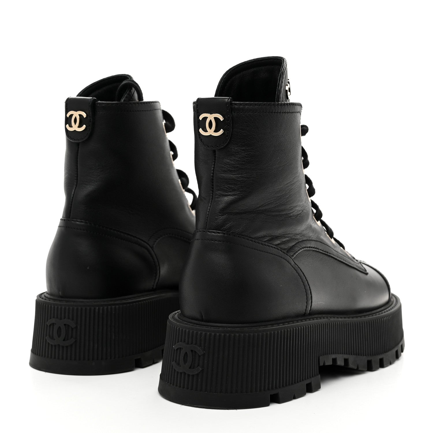 Chanel Grained Calfskin Shiny Calfskin CC Lace Up Combat Boots 37.5 Black 5 of 9