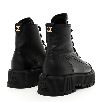 Chanel Grained Calfskin Shiny Calfskin CC Lace Up Combat Boots 37.5 Black 5 of 9