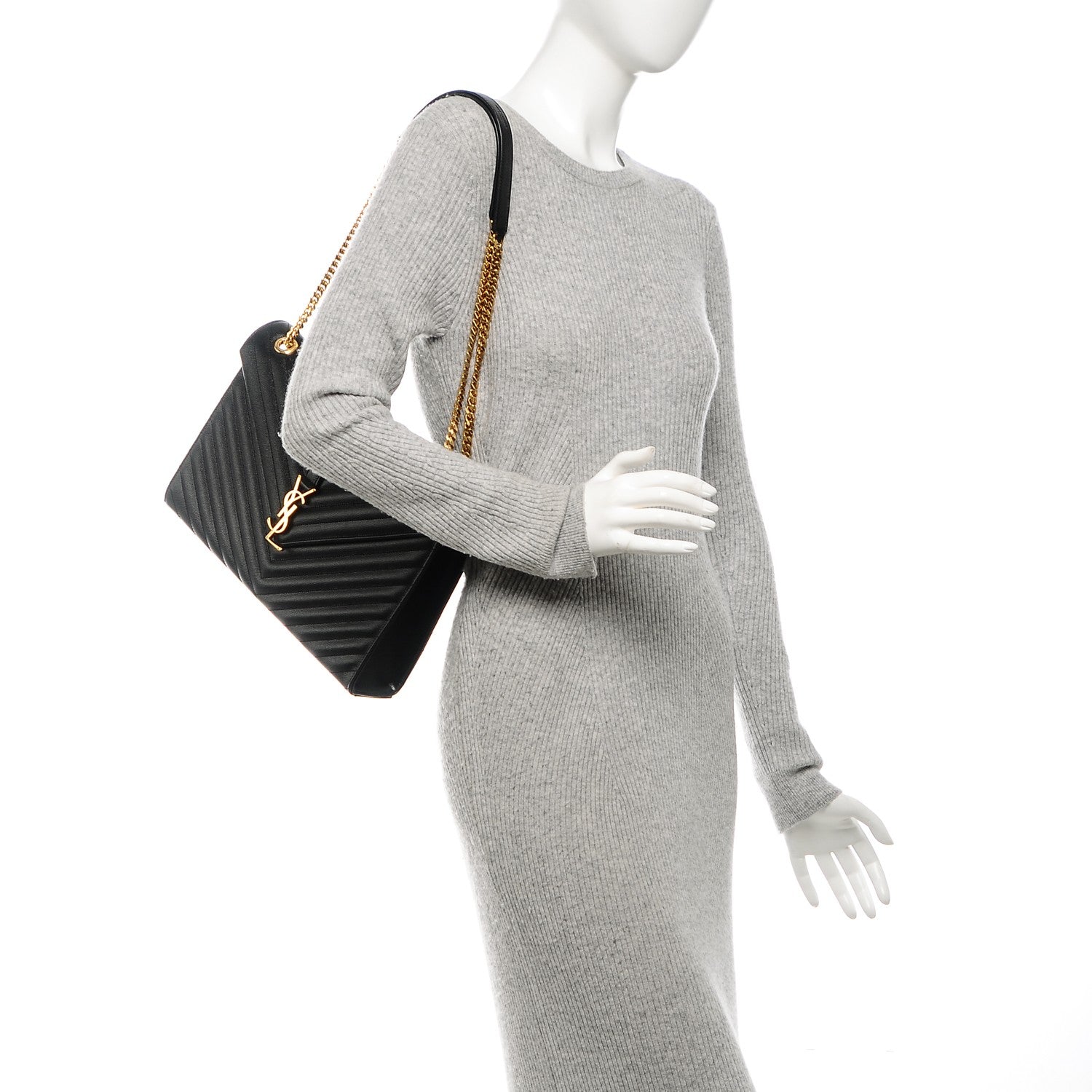 Saint Laurent Grain De Poudre Matelasse Chevron Large Monogram Satchel Black 2 of 6
