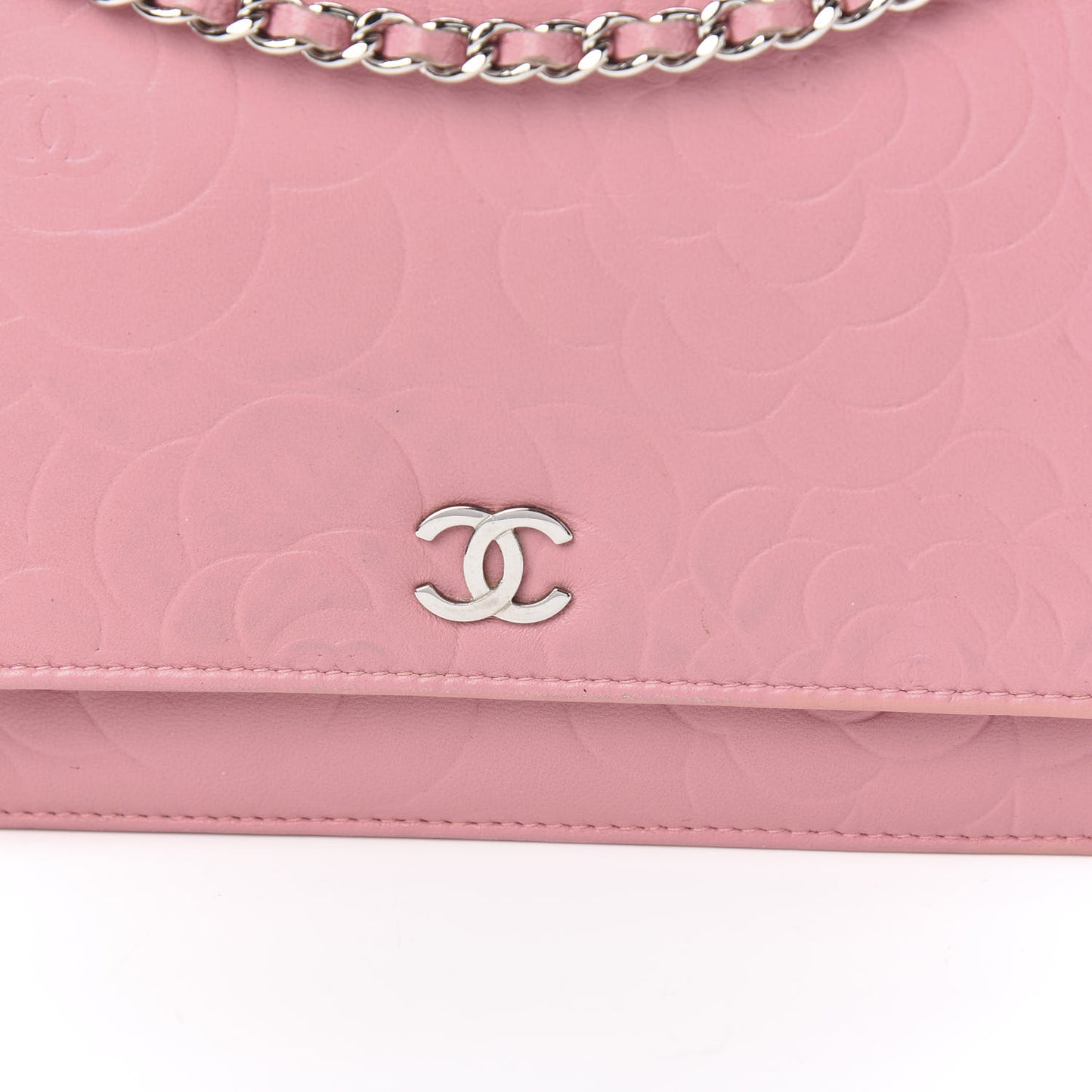 Lambskin Camellia Embossed Wallet On Chain WOC Pink