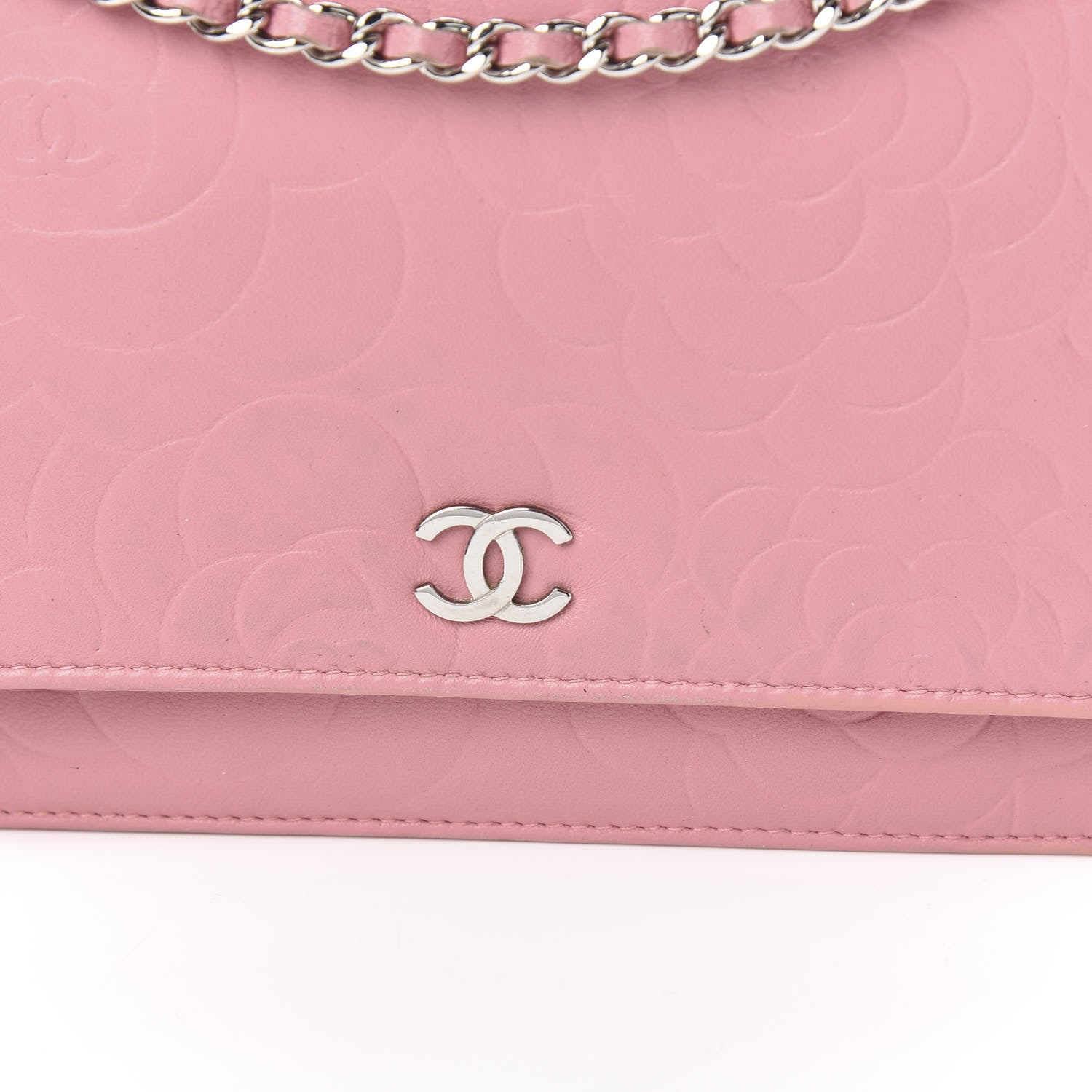 Chanel Lambskin Camellia Embossed Wallet On Chain WOC Pink 11 of 12
