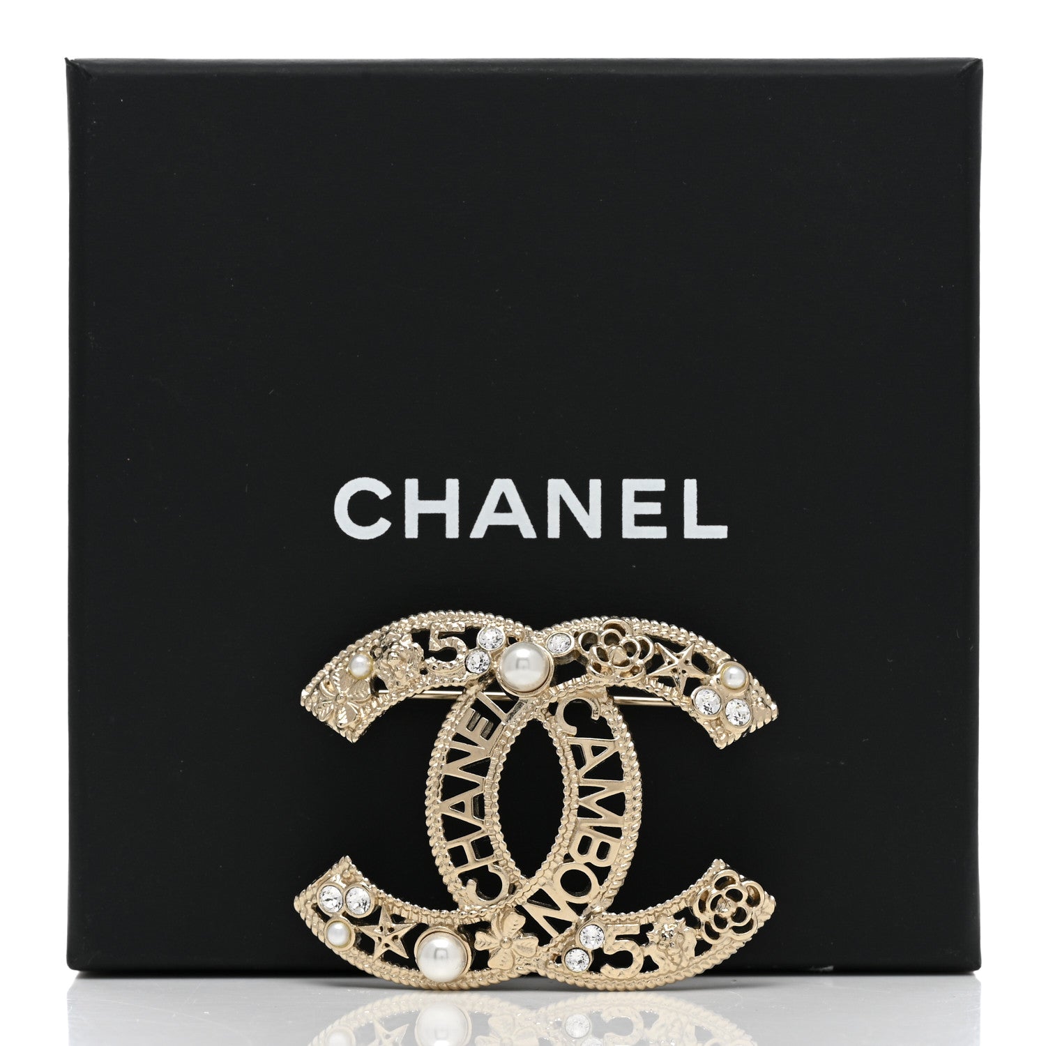 Chanel Crystal Pearl Chanel Charms CC Logo Brooch Gold 5 of 5