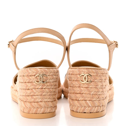 Chanel Lambskin Grosgrain CC Espadrilles Wedges 40 Beige Black 5 of 13
