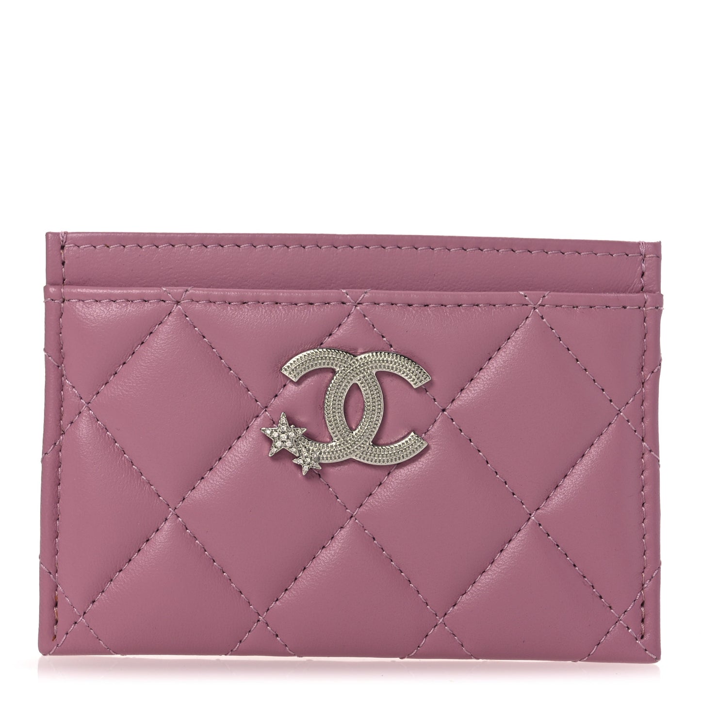 Lambskin Quilted Crystal Star Card Holder Pink