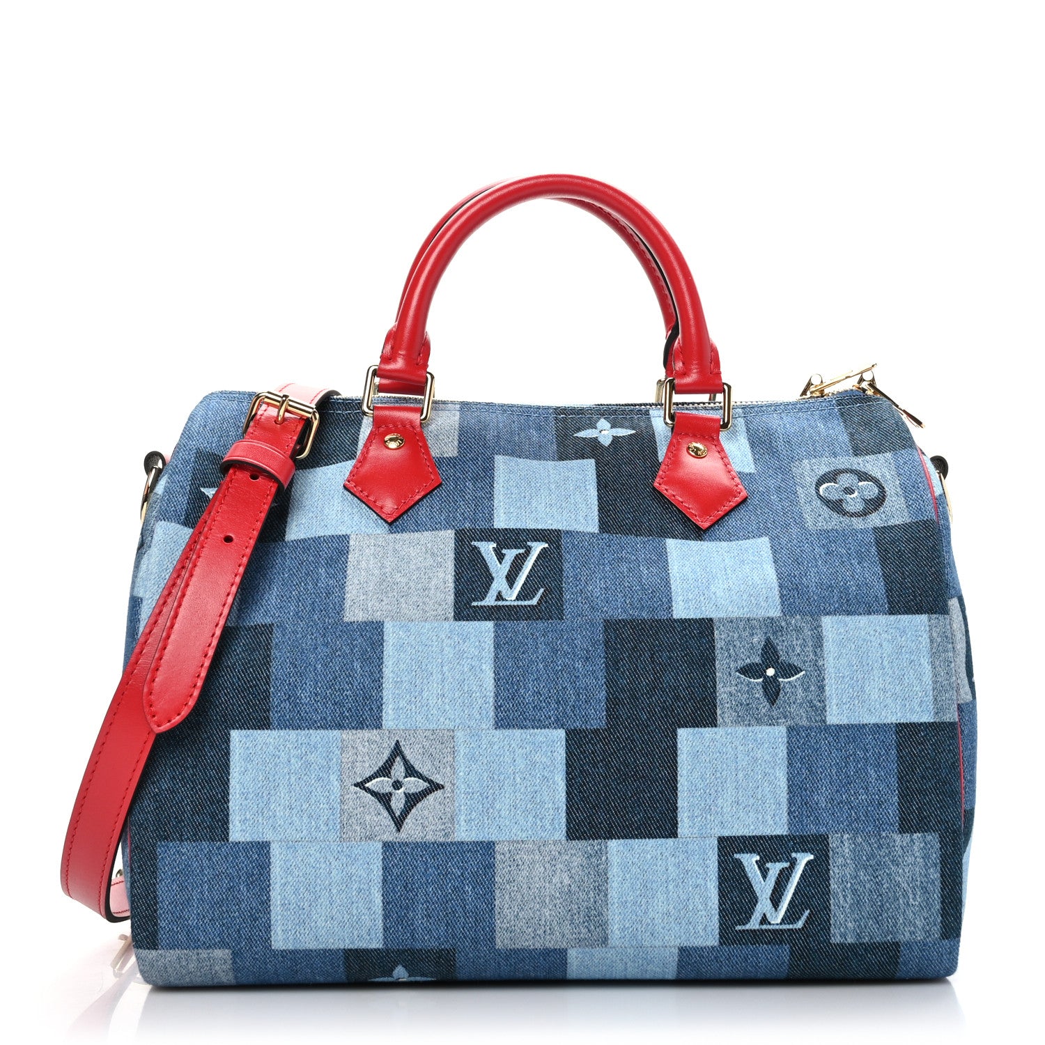 Louis Vuitton Denim Damier Monogram Patchwork Speedy Bandouliere 30 Blue Rouge 1 of 11