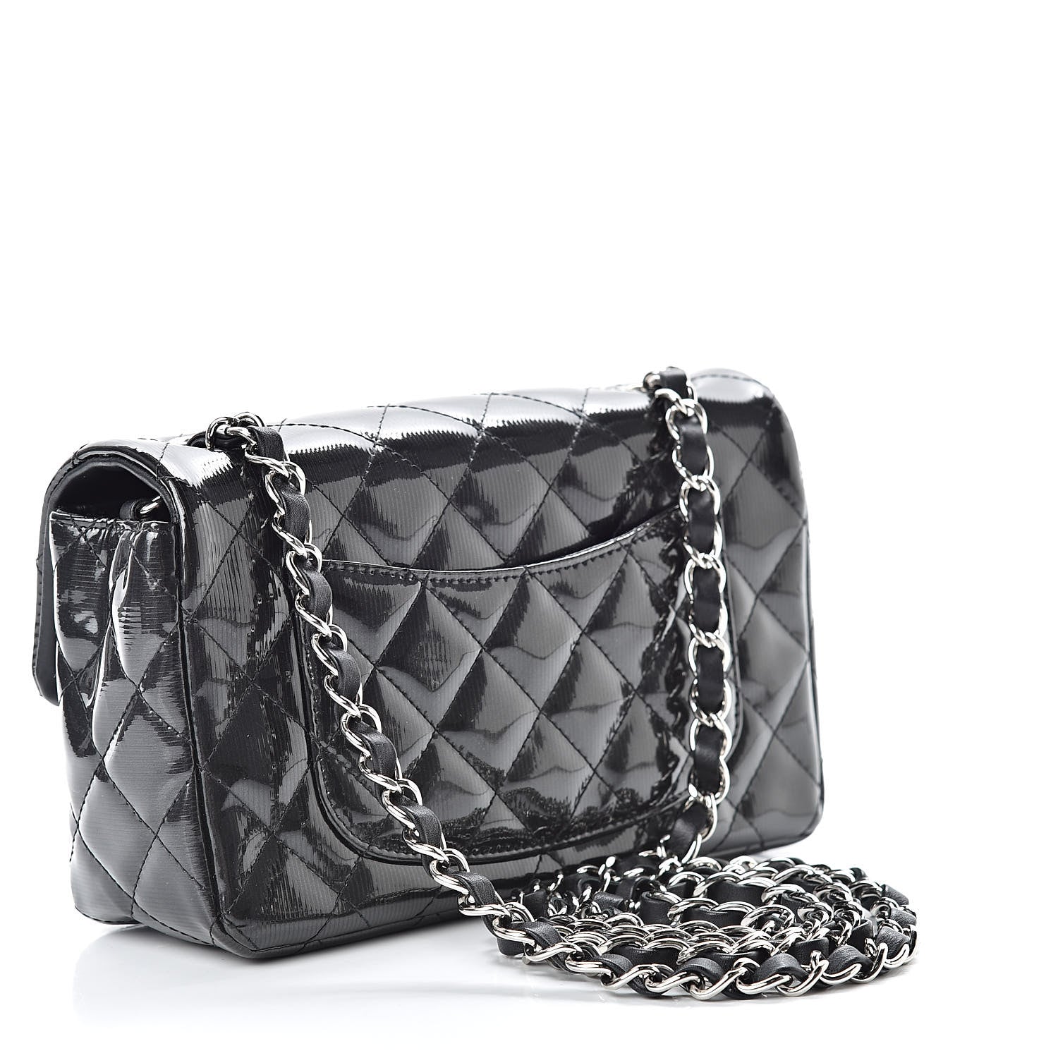 Chanel Striated Patent Calfskin Quilted Mini Rectangular Flap Dark Gray 3 of 10