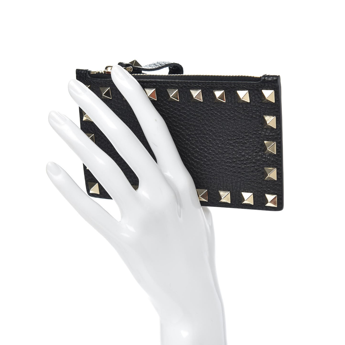 Pebbled Calfskin Rockstud Coin Case Card Holder Black